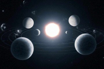 Concepção artística do sistema V1298 Tau, com base no artigo científico publicado na Revista 'Nature' -  (crédito: Whisk/Google IA)