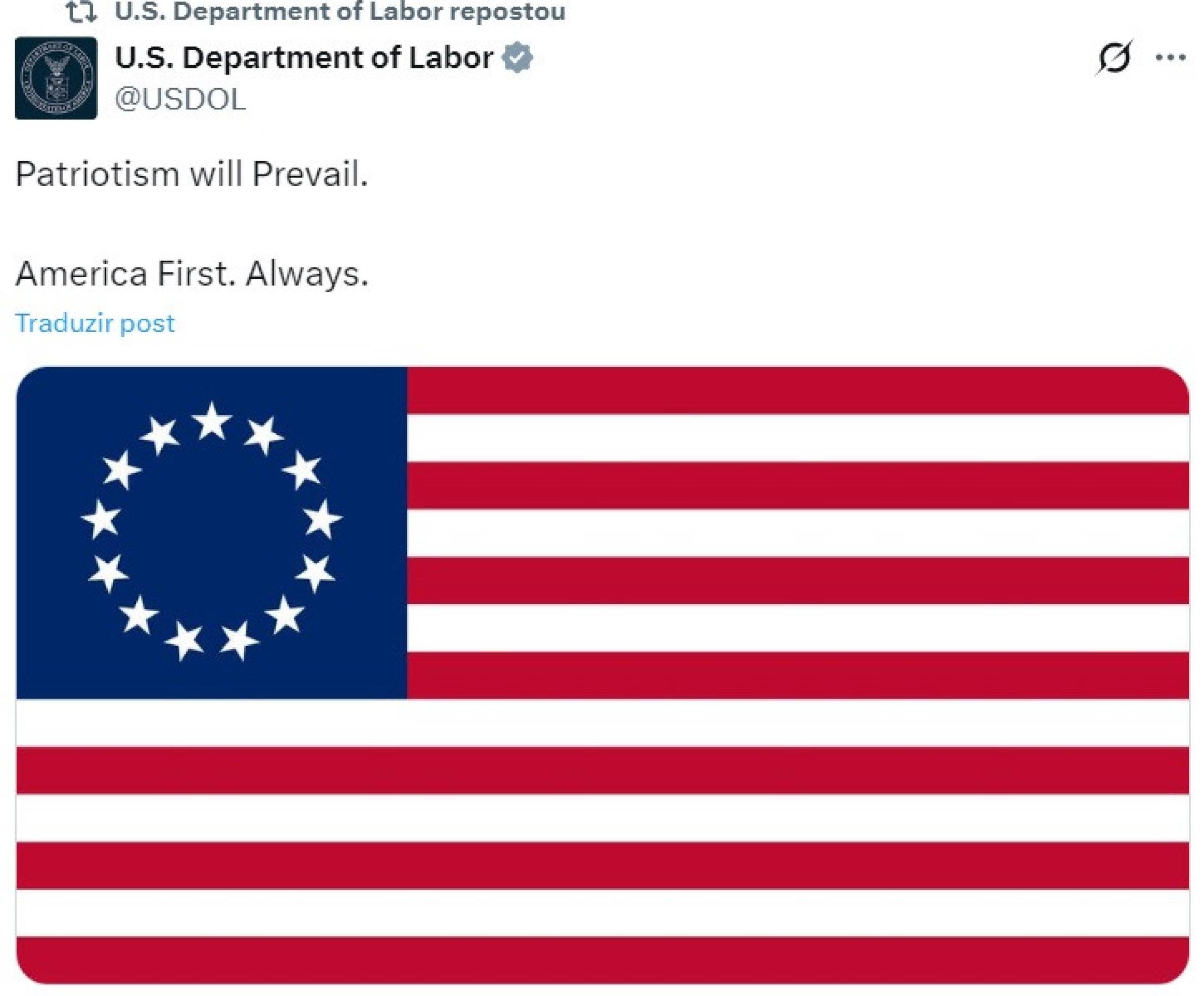 Bandeira Betsy Ross no perfil do Departamento do Trabalho dos EUA, na rede social X