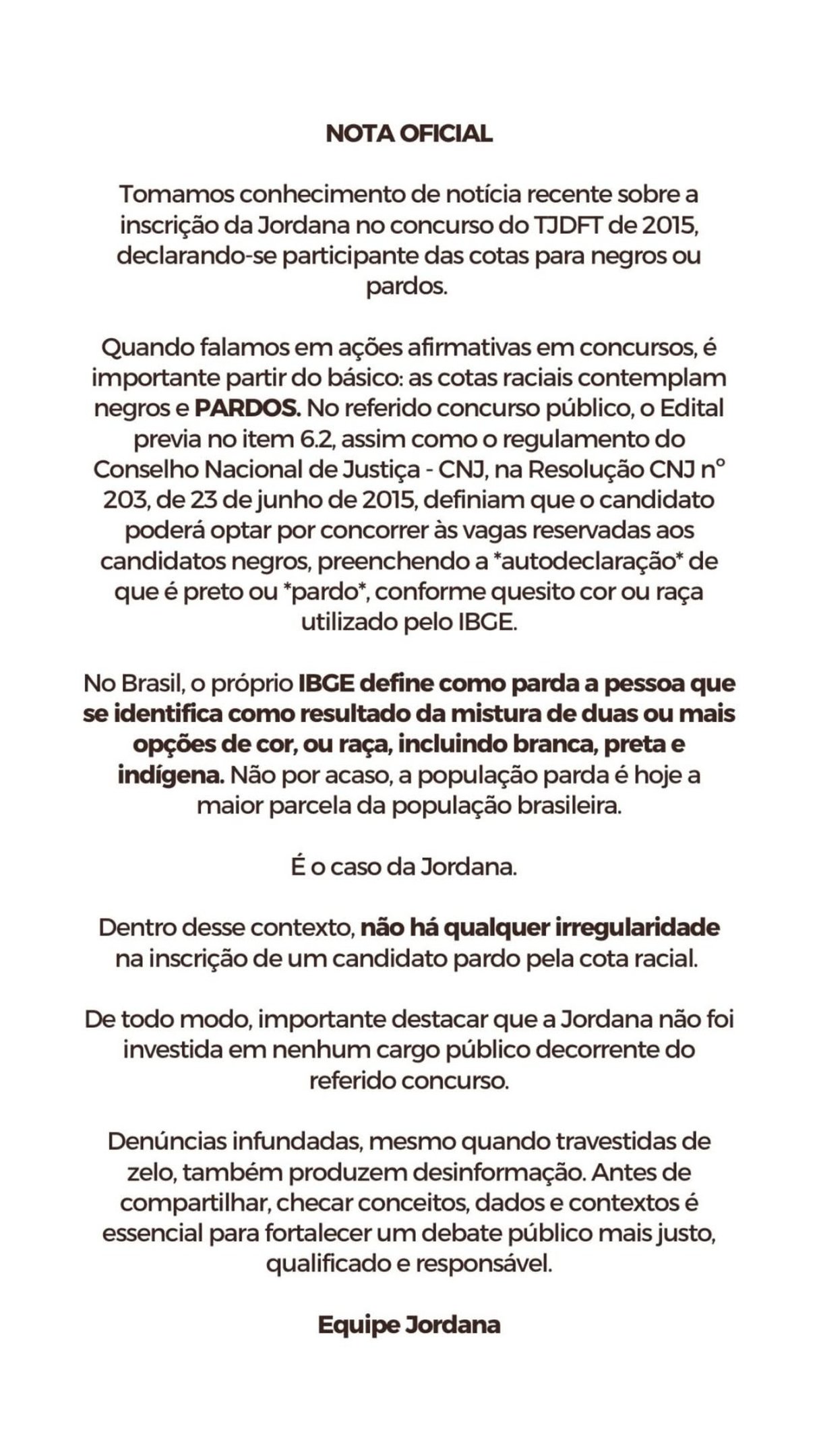 Pronunciamento de Jordana Morais, BBB 26