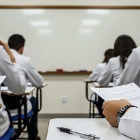 Representação de estudantes de medicina em sala de aula, com base na nota oficial divulgada pela Associação Médica Brasileira, em relação ao resultado do Enamed 2025 -  (crédito: Whisk/Google IA)