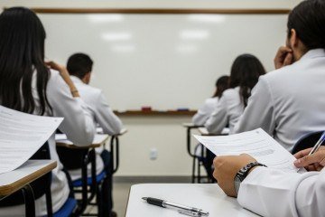 Representação de estudantes de medicina em sala de aula, com base na nota oficial divulgada pela Associação Médica Brasileira, em relação ao resultado do Enamed 2025 -  (crédito: Whisk/Google IA)