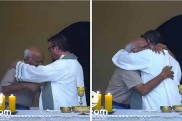 Avô foi aos prantos até o altar da Igreja, onde o padre o abraçou -  (crédito: Redes sociais / reprodução)