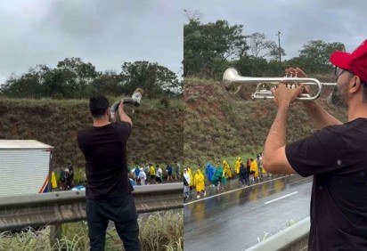 Músico conhecido por protestos contra Bolsonaro apareceu no trajeto da marcha liderada pelo deputado do PL e compartilhou o ato nas redes sociais -  (crédito: Reprodução / Instagram ) -Músico conhecido por protestos contra Bolsonaro apareceu no trajeto da marcha liderada pelo deputado do PL e compartilhou o ato nas redes sociais -  (crédito: Reprodução / Instagram )