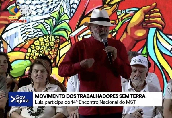 Lula durante o 14º Encontro Nacional do Movimento dos Trabalhadores Rurais Sem Terra (MST), em Salvador.
     -  (crédito: Reprodução/ YouTube )