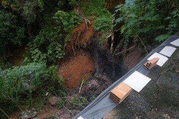 Partes dos quintais de duas casas vizinhas cederam completamente por conta de um deslizamento de terra, em Belo Horizonte - (crédito: EM Gerais) Partes dos quintais de duas casas vizinhas cederam completamente por conta de um deslizamento de terra, em Belo Horizonte - (crédito: EM Gerais)