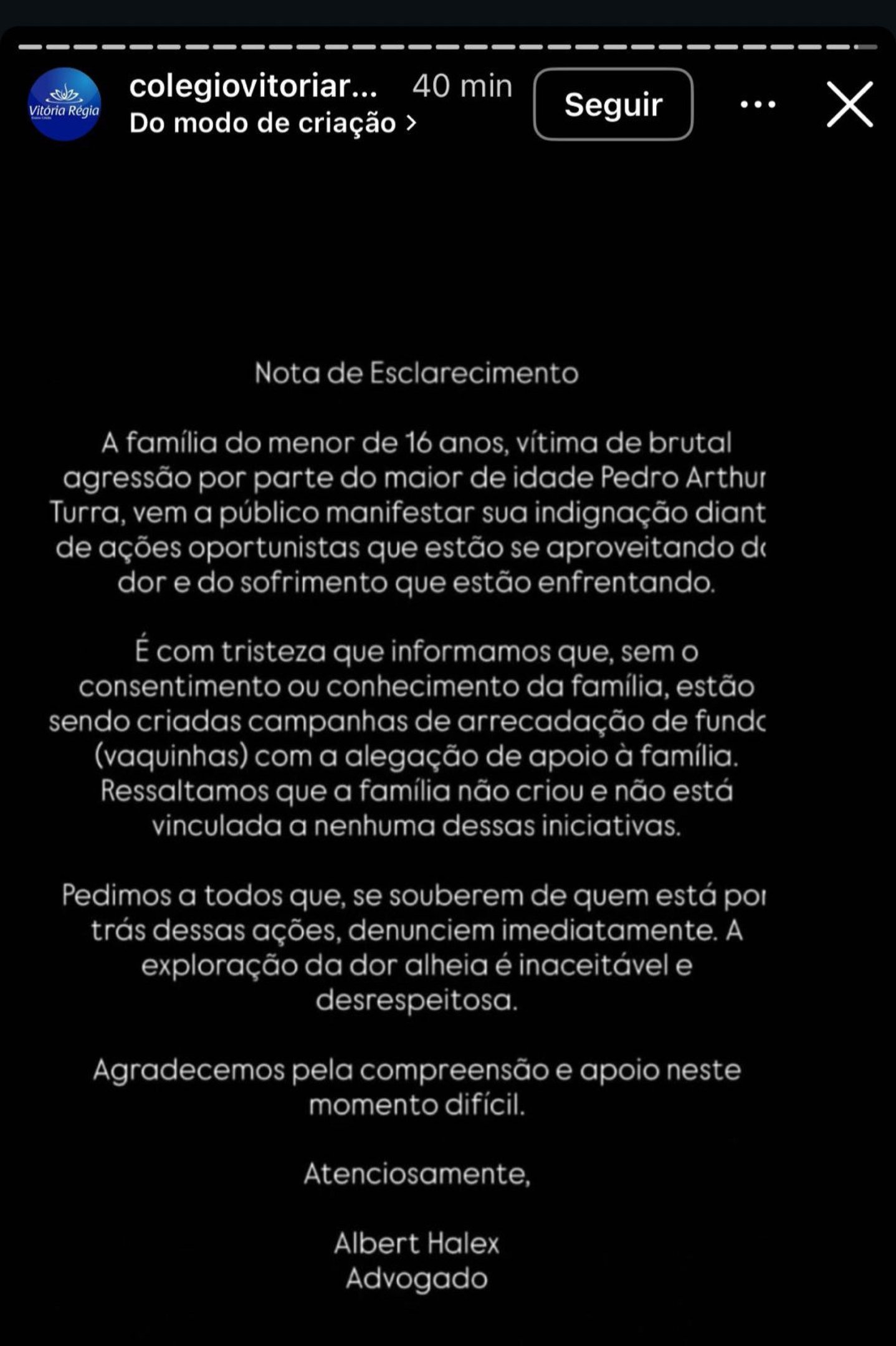 Nota de esclarecimento publicada pelo col&eacute;gio Vit&oacute;ria R&eacute;gia