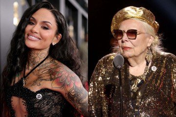 Kehlani e Joni Mitchell com broches contra a polícia imigratória dos EUA -  (crédito: Foto por NEILSON BARNARD / GETTY IMAGES NORTH AMERICA / GETTY IMAGES VIA AFP e Foto por FRAZER HARRISON / GETTY IMAGES NORTH AMERICA / GETTY IMAGES VIA AFP)