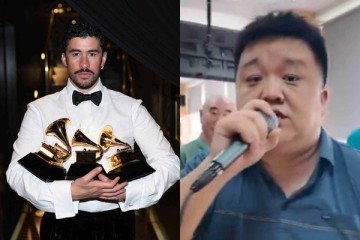 Após ganhar Álbum do Ano no Grammy, Bad Bunny lidera paradas na China -  (crédito: Foto por MATT WINKELMEYER / GETTY IMAGES NORTH AMERICA / GETTY IMAGES VIA AFP  e Reprodução Redes sociais )