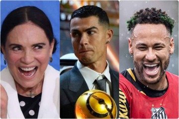 Regina Duarte, Cristiano Ronaldo e Neymar: unidos pelo 5 de fevereiro
 -  (crédito: Reprodução/Instagram; Facebook/Reprodução; Raul Baretta/Santos FC)