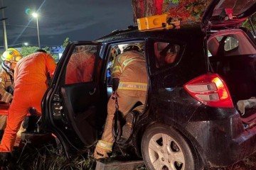 Carro atinge árvore no Gama e deixa uma pessoa gravemente ferida -  (crédito: CBMDF/Divulgação)