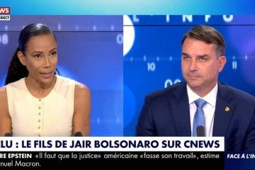 O senador Flávio Bolsonaro, durante entrevista na TV francesa, nesta segunda-feira (9/02) -  (crédito: Reprodução/CNews)