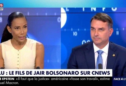 O senador Flávio Bolsonaro, durante entrevista na TV francesa, nesta segunda-feira (9/02) -  (crédito: Reprodução/CNews) -O senador Flávio Bolsonaro, durante entrevista na TV francesa, nesta segunda-feira (9/02) -  (crédito: Reprodução/CNews)