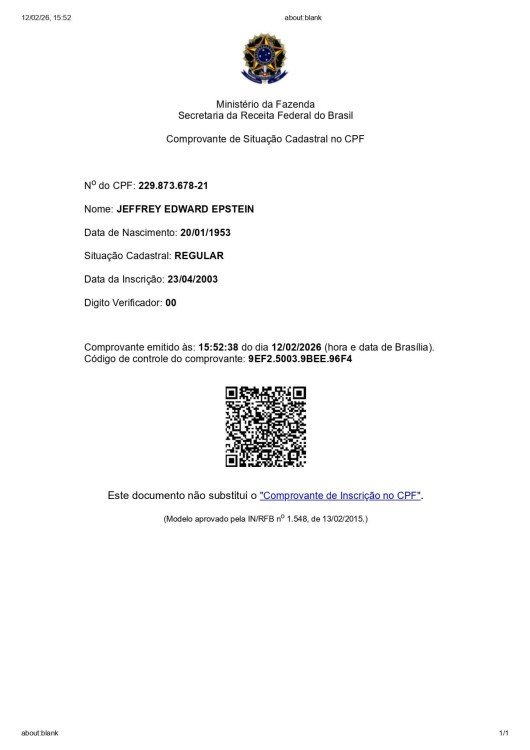 CPF de Epstein encontrado como regular no site da Receita Federal 