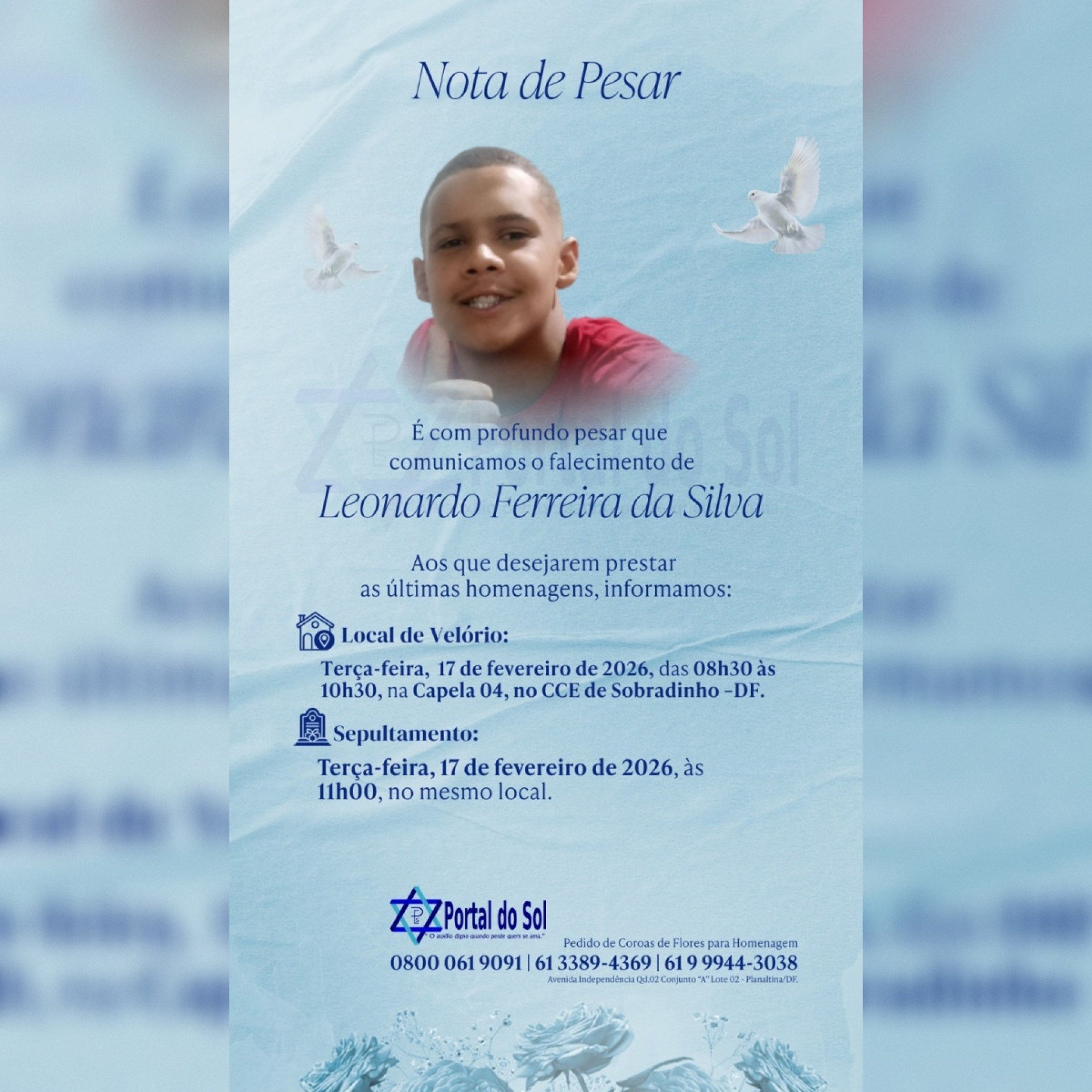 Vel&oacute;rio e sepultamento v&atilde;o ocorrer em cemit&eacute;rio de Sobradinho