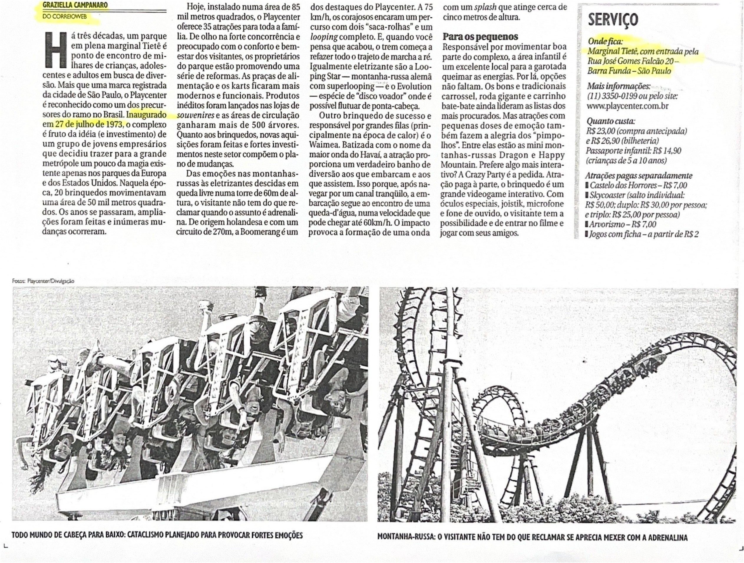 Mat&eacute;ria do Correio Braziliense de 1991 sobre a temporada do Playcenter em Bras&iacute;lia