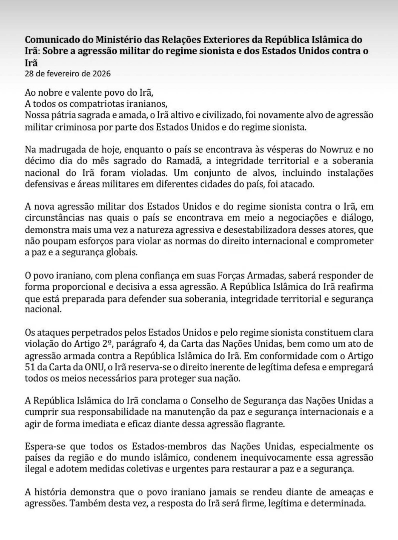 Comunicado do Minist&eacute;rio das Rela&ccedil;&otilde;es Exteriores da Rep&uacute;blica Isl&acirc;mica do Ir&atilde;