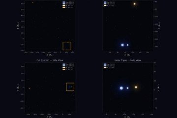 TIC 120362137 é formado por três estrelas centrais que orbitam entre si e uma quarta que gira em torno das demais - (crédito: Brian P. Powell/NASA Goddard Space Flight Center) TIC 120362137 é formado por três estrelas centrais que orbitam entre si e uma quarta que gira em torno das demais - (crédito: Brian P. Powell/NASA Goddard Space Flight Center)