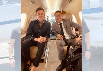 Nikolas Ferreira com André Valadão dentro do jato de Daniel Vorcaro em 2022 -  (crédito: Redes Sociais/Reprodução)