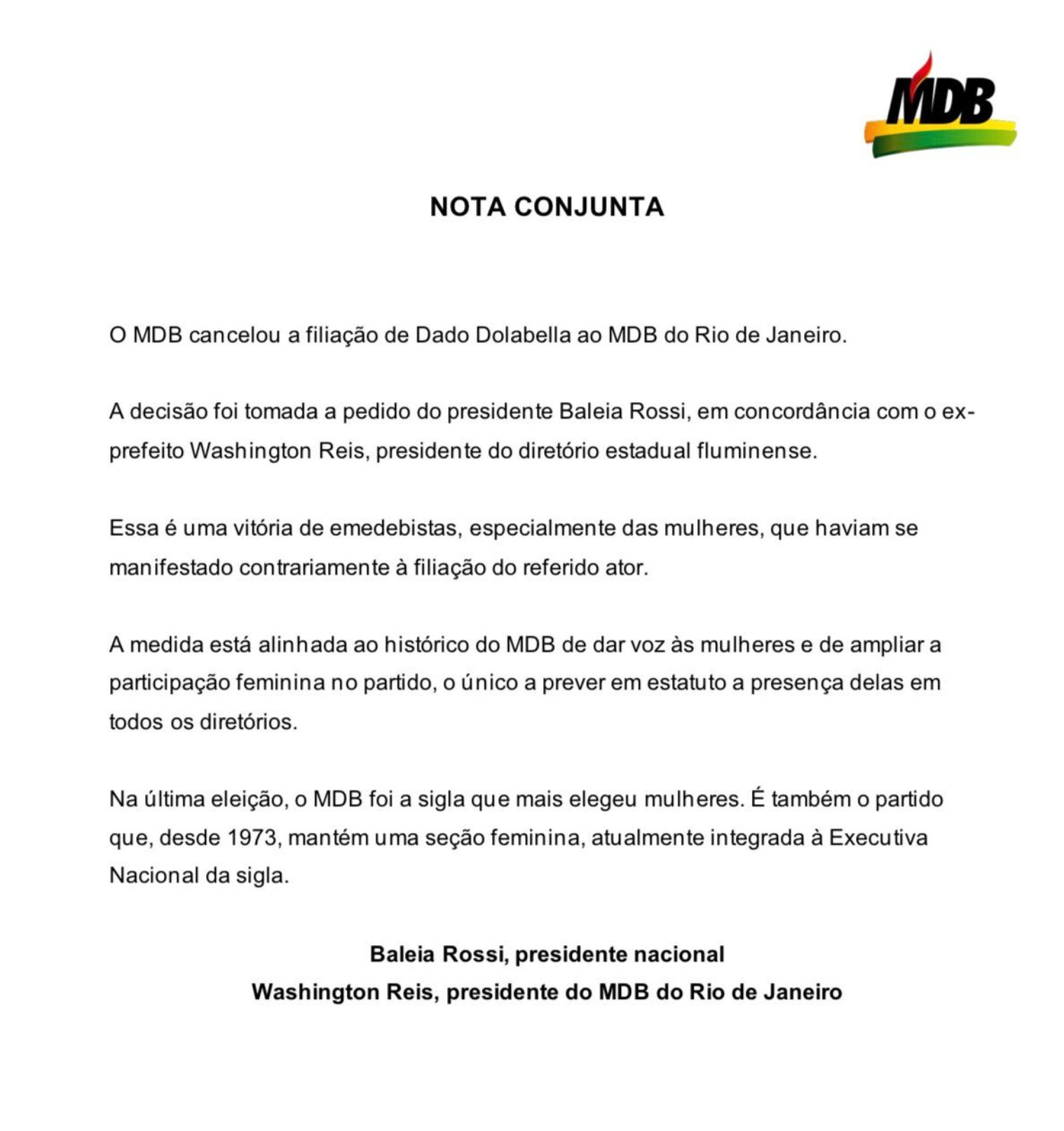 MDB divulga nota onde afirma ter barrado filia&ccedil;&atilde;o do ator Dado Dolabella