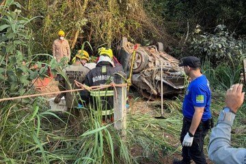 Carro foi encontardo em barranco, com vítima presa às ferragens -  (crédito: Divulgação/CBMGO)