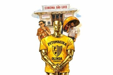 lementos icônicos de Recife aparecem ao lado da estatueta do Oscar na arte que representa O agente secreto, filme que leva a cultura pernambucana a maior premiação do cinema. -  (crédito: Correio Braziliense)