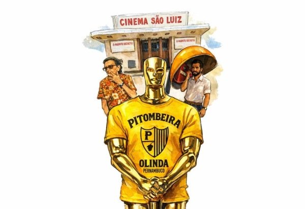 lementos icônicos de Recife aparecem ao lado da estatueta do Oscar na arte que representa O agente secreto, filme que leva a cultura pernambucana a maior premiação do cinema. -  (crédito: Correio Braziliense)