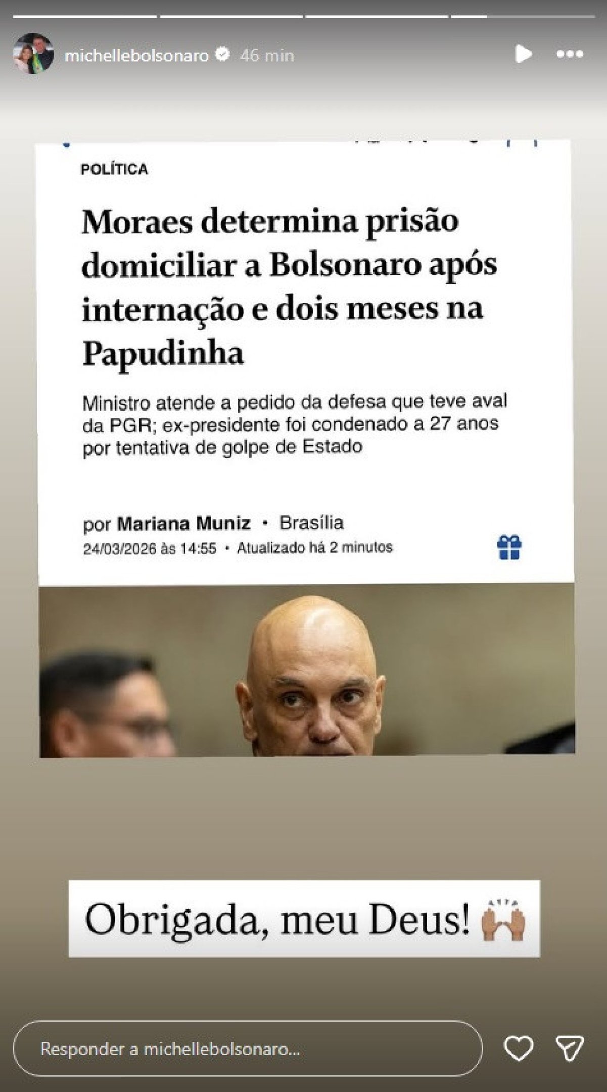 Michelle Bolsonaro em post no Instagram 