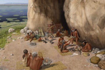  Reconstrução artística de área na Turquia, há 15,8 mil anos, baseada em evidências de escavações arqueológicas  -  (crédito: Kathryn Killackey/Divulgação )