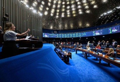 Autora do PL 896/2023, senadora Ana Paula Lobato (PSB-MA) posa para foto com cartaz que diz: 