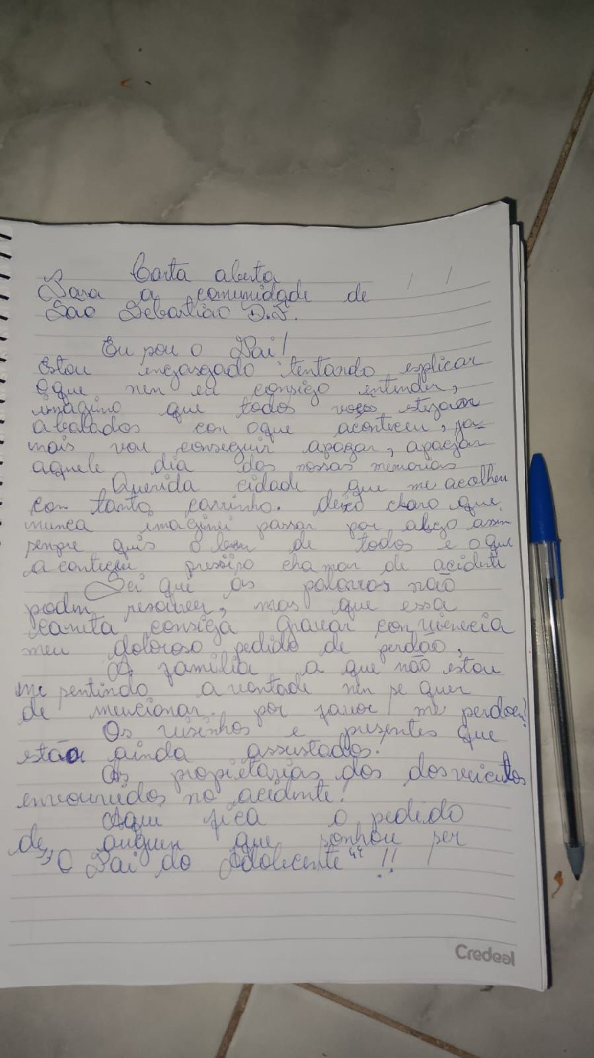 Em carta escrita a punho, o pai da adolescente se desculpa pela trag&eacute;dia