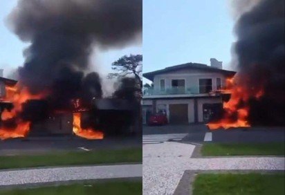 Aeronave teria atingido um poste antes de cair sobre a residência; piloto morreu no local -  (crédito: Reprodução / X) -Aeronave teria atingido um poste antes de cair sobre a residência; piloto morreu no local -  (crédito: Reprodução / X)