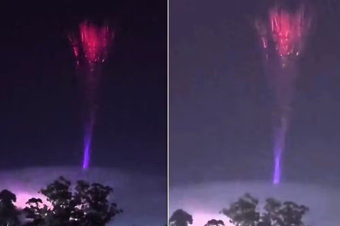 Descarga elétrica sobe em direção ao espaço e tem coloração azul por excitação do nitrogênio
- (crédito: Reprodução / X) Descarga elétrica sobe em direção ao espaço e tem coloração azul por excitação do nitrogênio
- (crédito: Reprodução / X)