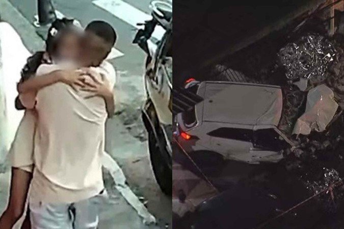 Imagens mostram pai abraçando a filha após atropelamento que deixou duas crianças mortas em SP -  (crédito: Reprodução/SBT/TV Globo)