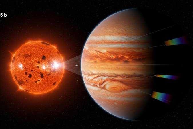 Representação artística, com base no artigo científico, do TOI-5205 b e sua estrela, uma estrela anã vermelha, que tem cerca de 40% da massa do Sol e é significativamente menor e mais fria - (crédito: Whisk/Google AI) Representação artística, com base no artigo científico, do TOI-5205 b e sua estrela, uma estrela anã vermelha, que tem cerca de 40% da massa do Sol e é significativamente menor e mais fria - (crédito: Whisk/Google AI)