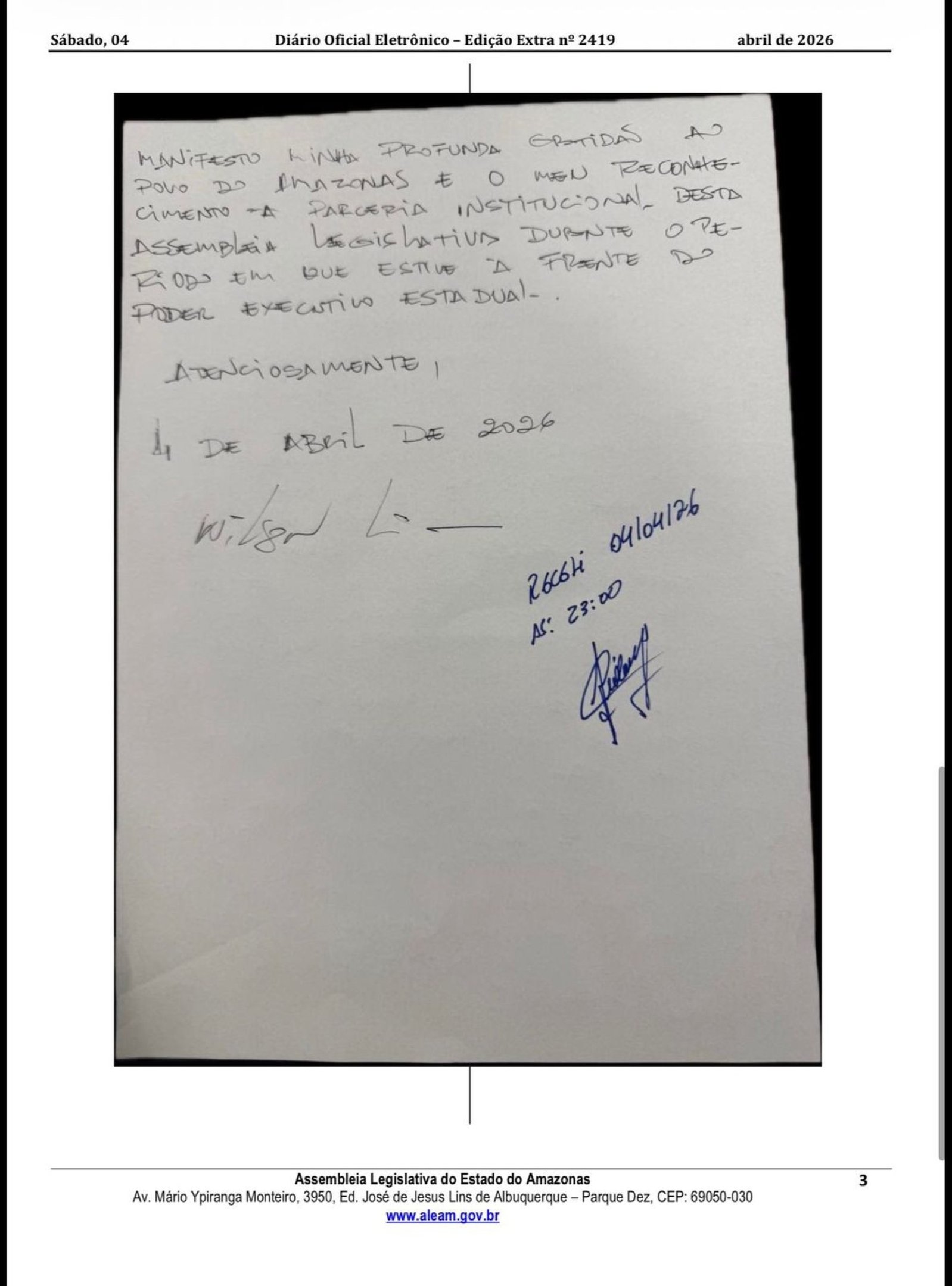 Trecho da carta escrita por Wilson Lima, com a ren&uacute;ncia ao cargo