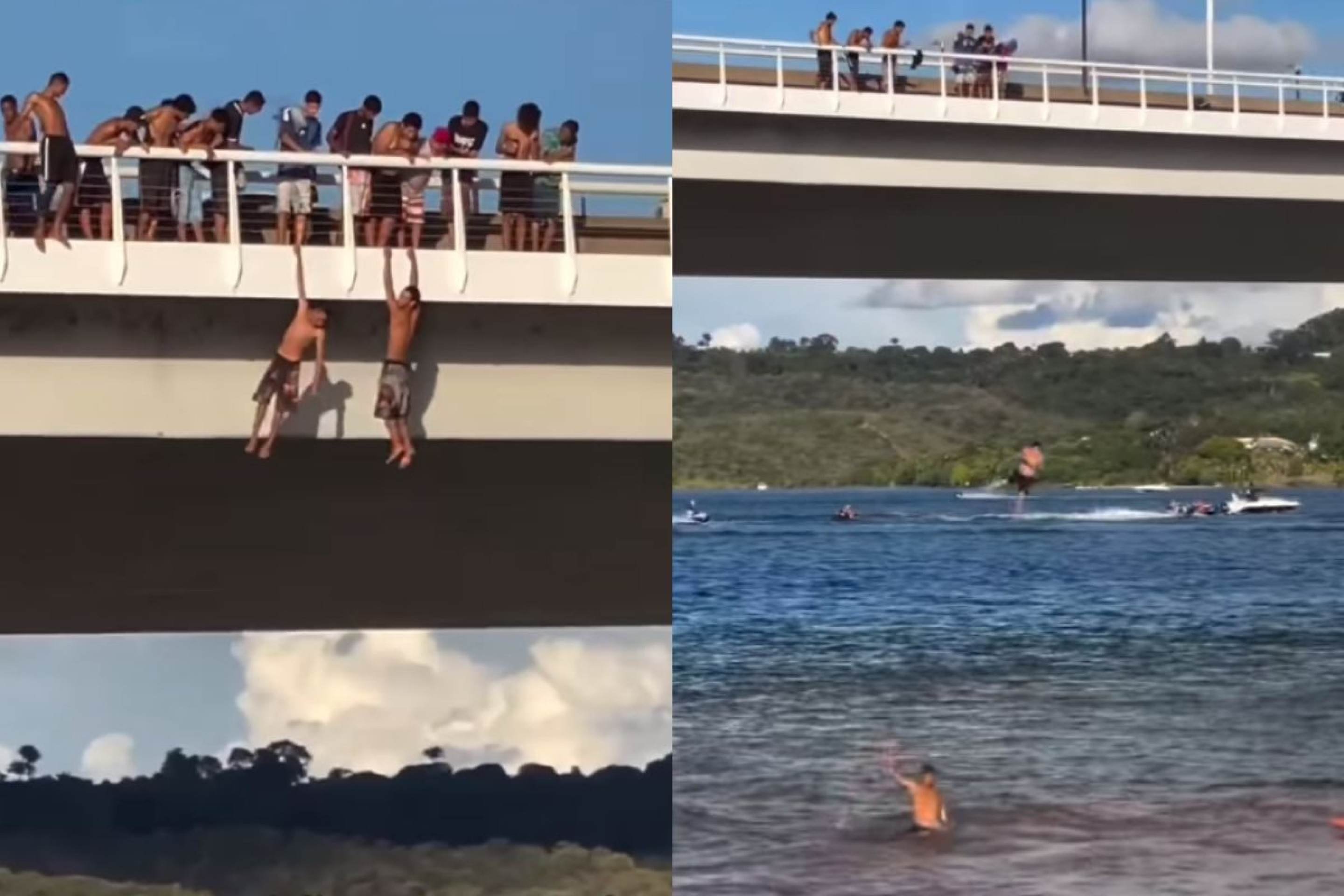 Jovens se arriscam ao praticar saltos da Ponte JK, no Lago Paranoá 