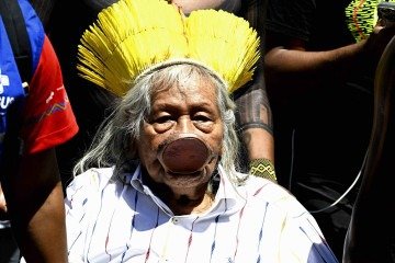 Raoni está em Brasília desde o começo da semana para participar do Acampamento Terra Livre (ATL) -  (crédito:  Carlos Vieira/CB/D.A Press)