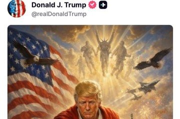O presidente dos EUA, Donald Trump, retratado como Jesus Cristo, em ilustração postada por ele mesmo nas redes sociais -  (crédito: Reprodução / Truth Social)