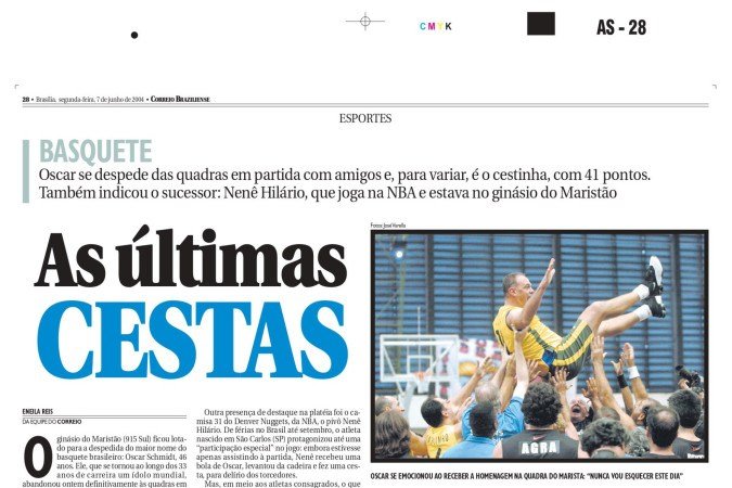 Matéria publicada no Correio Braziliense sobre a despedida de Oscar das quadras