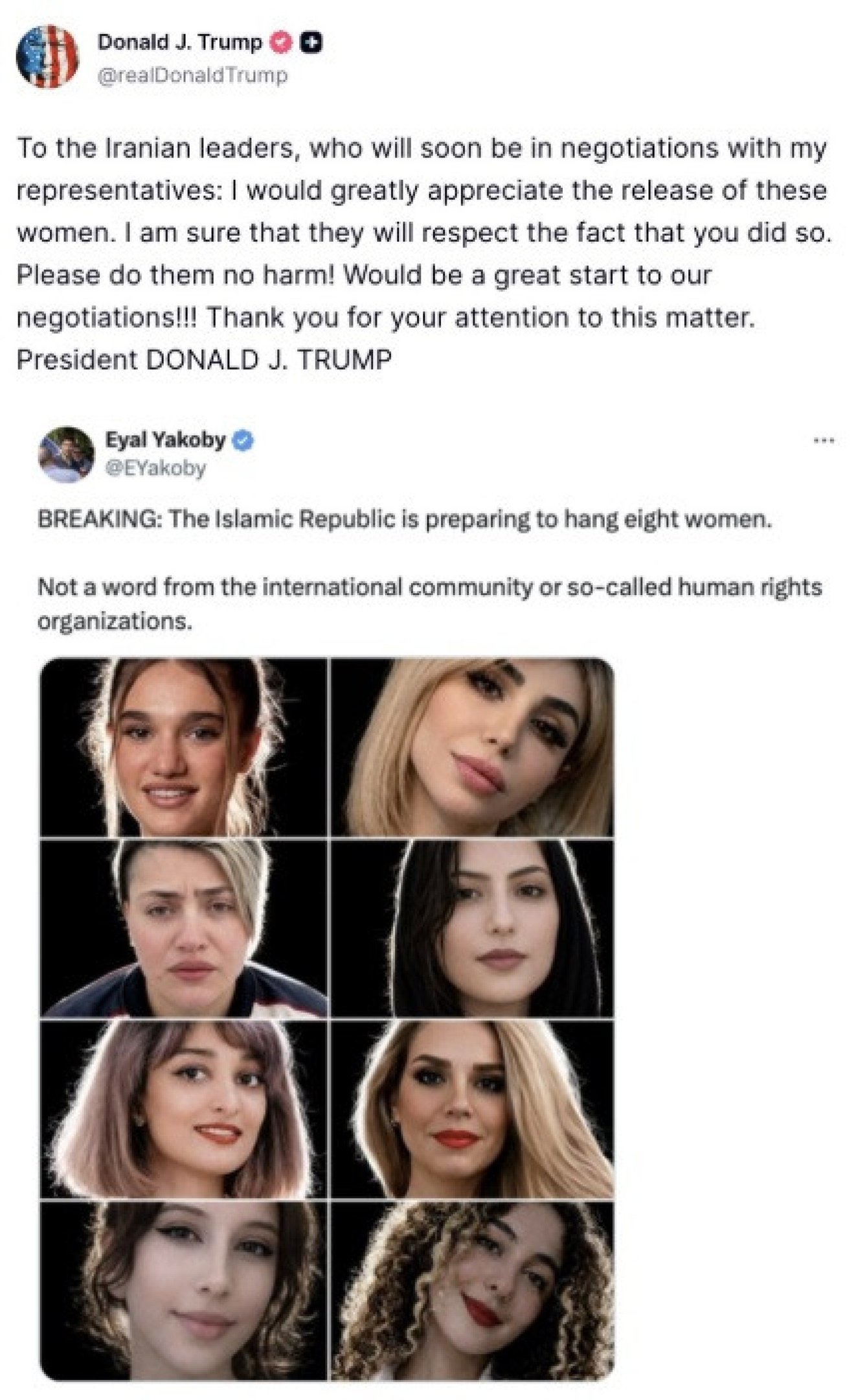 Trump reage a relato de supostas execu&ccedil;&otilde;es por enforcamento no Ir&atilde; e pede liberdade de mulheres: &lsquo;Seria um &oacute;timo come&ccedil;o para nossas negocia&ccedil;&otilde;es&rsquo;. 