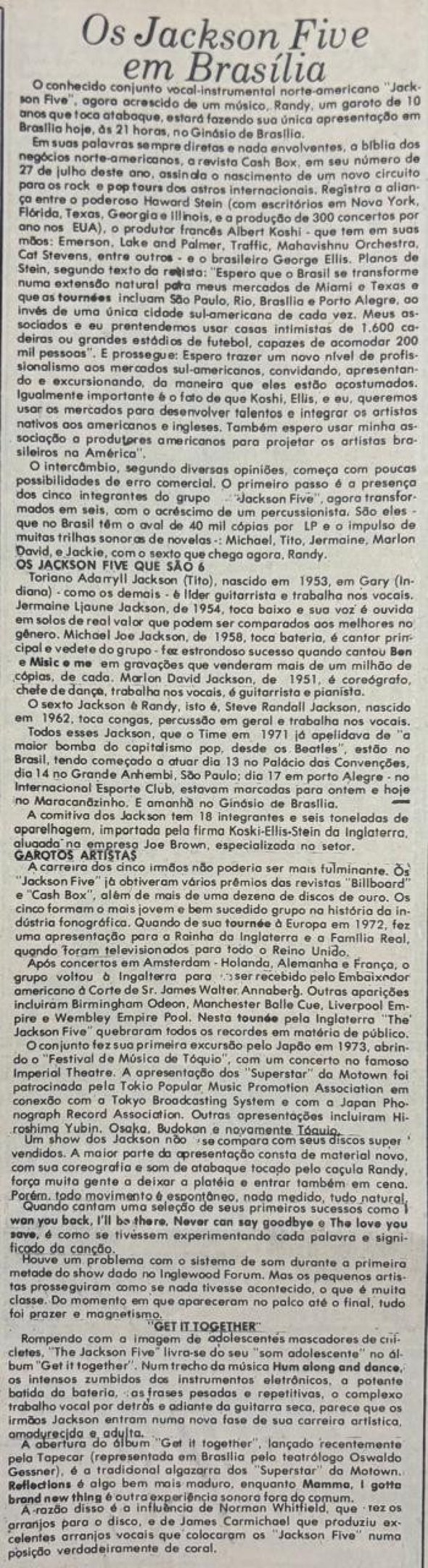 Correio Braziliense noticiou a chegada dos irm&atilde;os Jackson ao Brasil