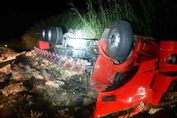 Com o impacto, a carga de batatas transportada pelo caminhão ficou espalhada às margens da via -  (crédito: PRF/Reprodução)