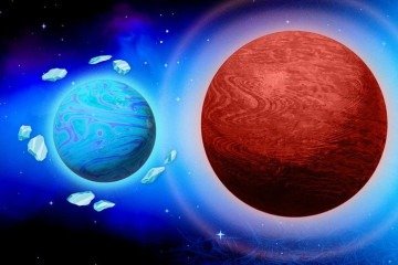 O peculiar par planetário de um mini-Netuno e um Júpiter quente provavelmente se formou além da 'linha de gelo' de sua estrela, na região mais fria do disco protoplanetário primitivo do sistema -  (crédito: Jose-Luis Olivares/MIT)