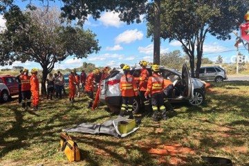 No local, as equipes se depararam com a colisão de um veículo de passeio contra um poste de iluminação pública. -  (crédito: Divulgação: Corpo de Bombeiros Militar do Distrito Federal (CBMDF))