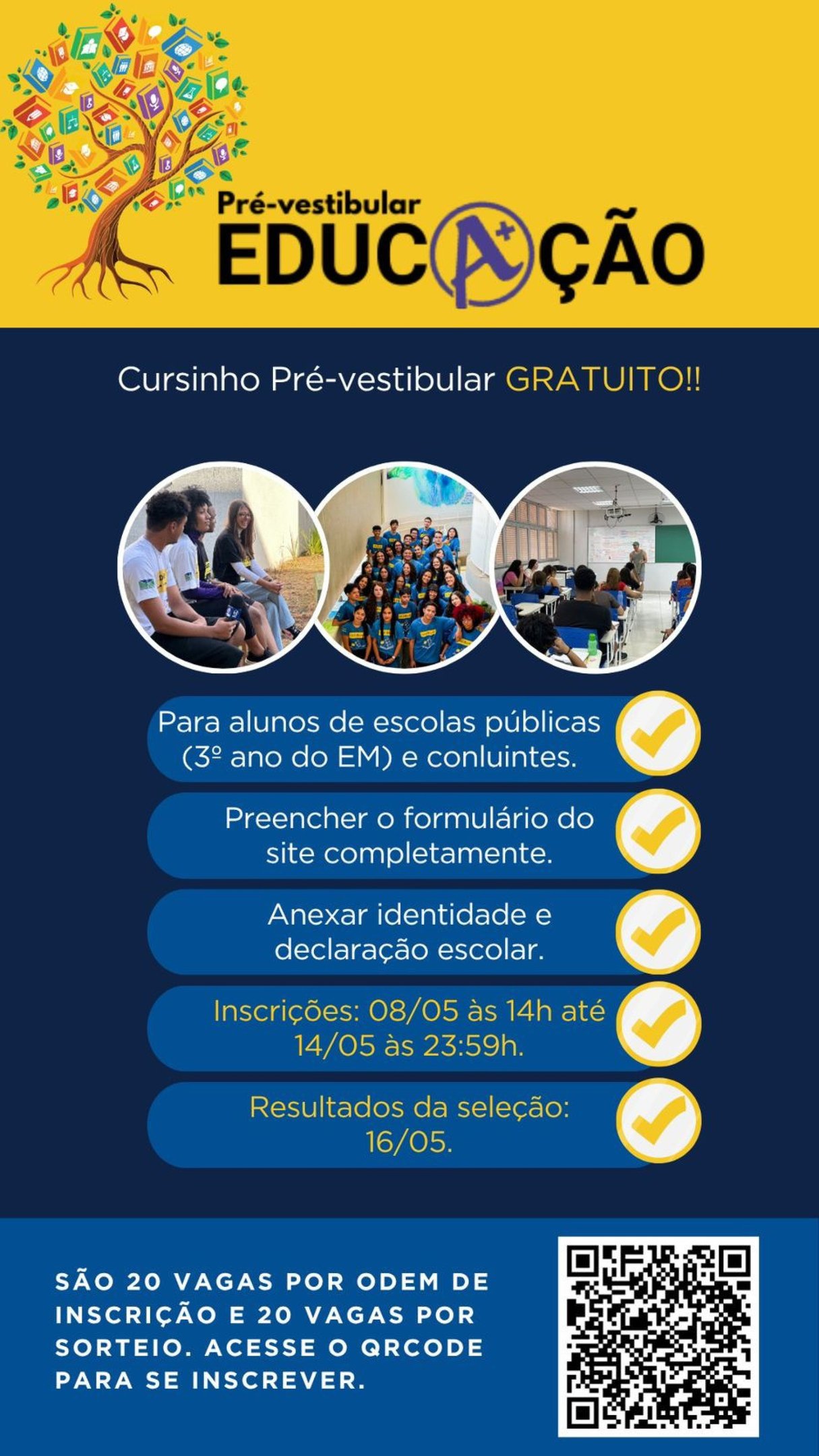 Inscri&ccedil;&otilde;es para cursinho pr&eacute;-vestibular gratuito v&atilde;o at&eacute; o dia 14/5