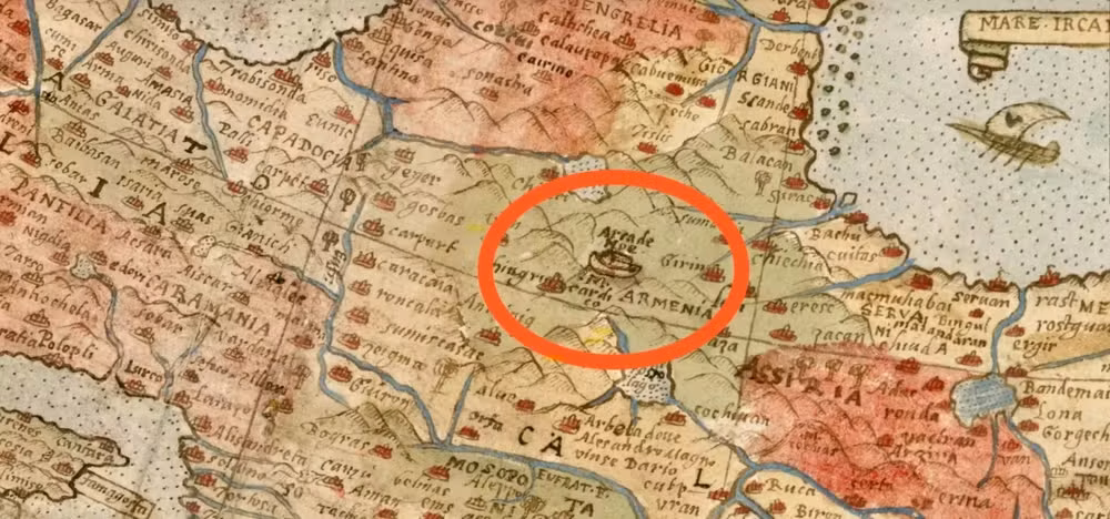 Mapa do século XVI e fragmentos arqueológicos encontrados próximos à Formação Durupinar reforçam hipóteses sobre o paradeiro da embarcação descrita na Bíblia. -  (crédito: Reprodução/X) -Mapa do século XVI e fragmentos arqueológicos encontrados próximos à Formação Durupinar reforçam hipóteses sobre o paradeiro da embarcação descrita na Bíblia. -  (crédito: Reprodução/X)