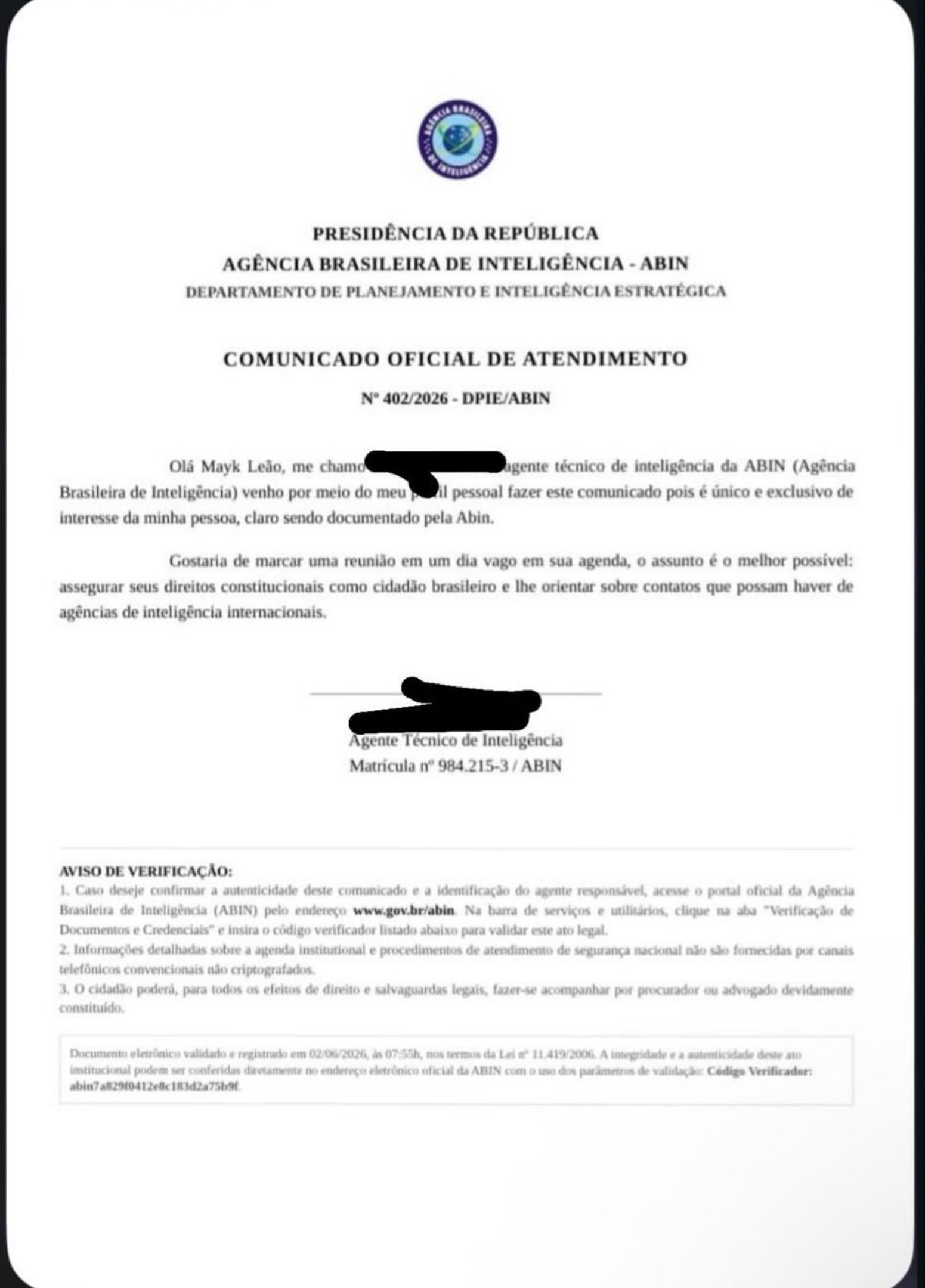 Carta que o influenciador afirma ter recebido ap&oacute;s relatar avistamento de OVNI