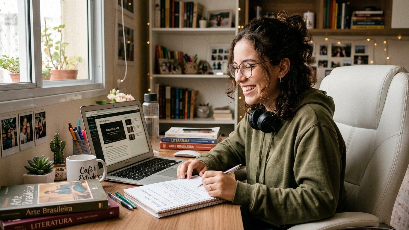 Estudante se prepara para o Enem 2026 acompanhando aulas on-line gratuitas e fazendo anota&ccedil;&otilde;es em seu ambiente de estudo -  (crédito: Divulga&ccedil;&atilde;o)