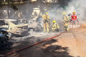 O inc&ecirc;ndio deixou dois carros em cinzas. Os ve&iacute;culos estavam estacionados pr&oacute;ximo &agrave; Feira dos Importados -  (crédito: Corpo de Bombeiros do Distrito Federal/Divulgação)