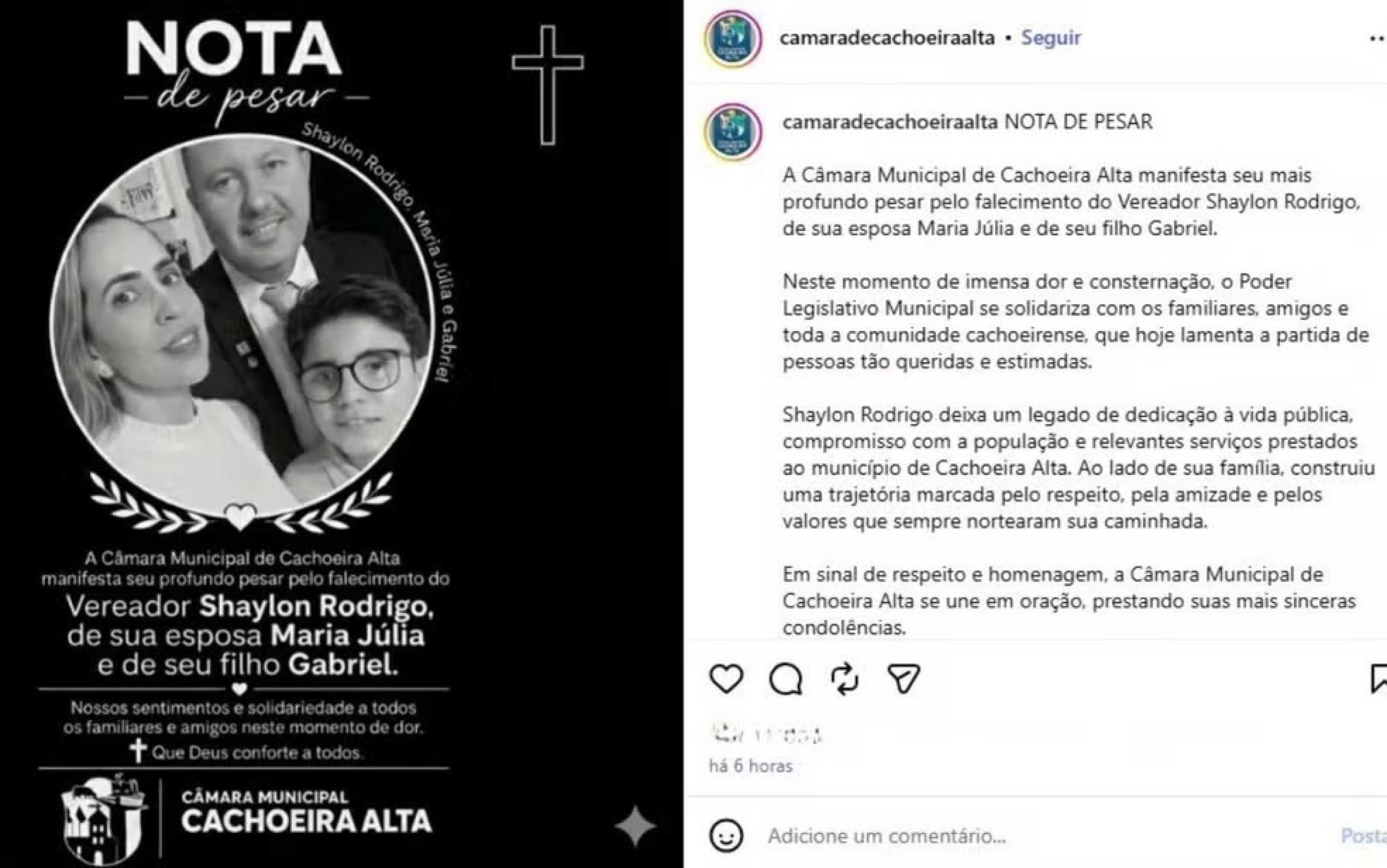 C&acirc;mara Municipal de Cachoeira Alta lamenta morte de vereador e fam&iacute;lia 